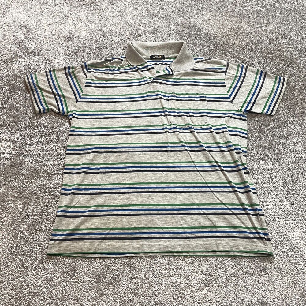 Array Polo Shirt Mens 44 XL Gray Striped Collared Golf Rugby Preppy Pocket Top